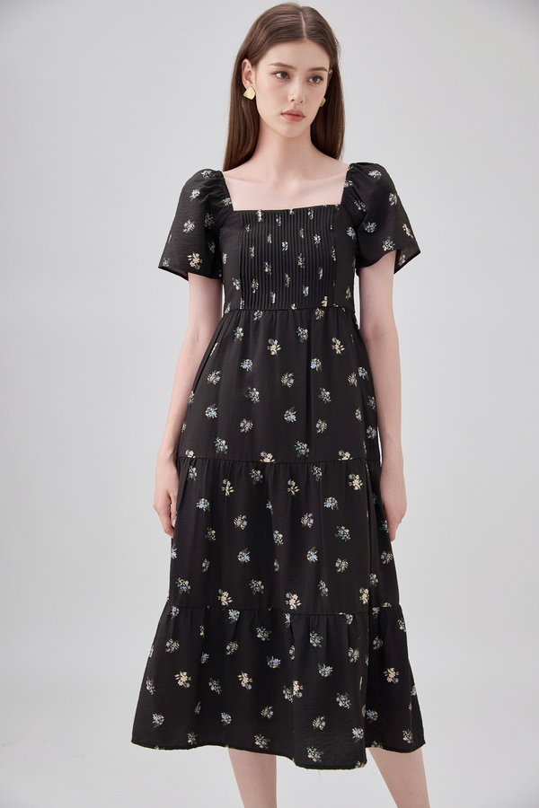 Lakelynn Pintuck Tiered Midi Dress In Black