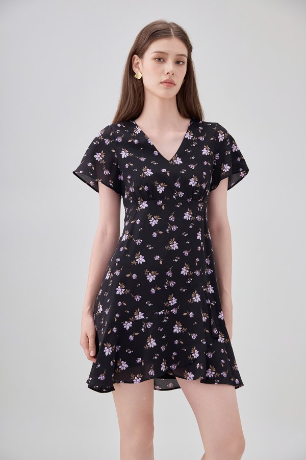 Aubrey Floral Ruffle Hem Dress In Black