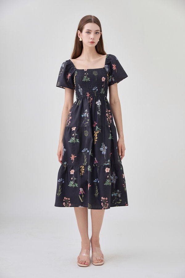 Chaya Botanical Garden Smocked Midi Dress In Black