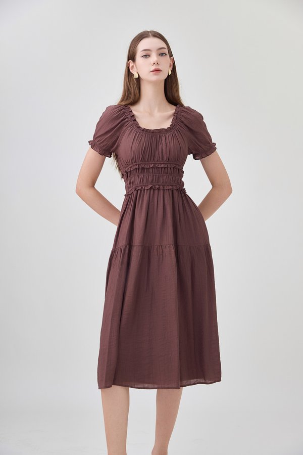 Gabriella Smocked Midi Dress In Chocolate Brown