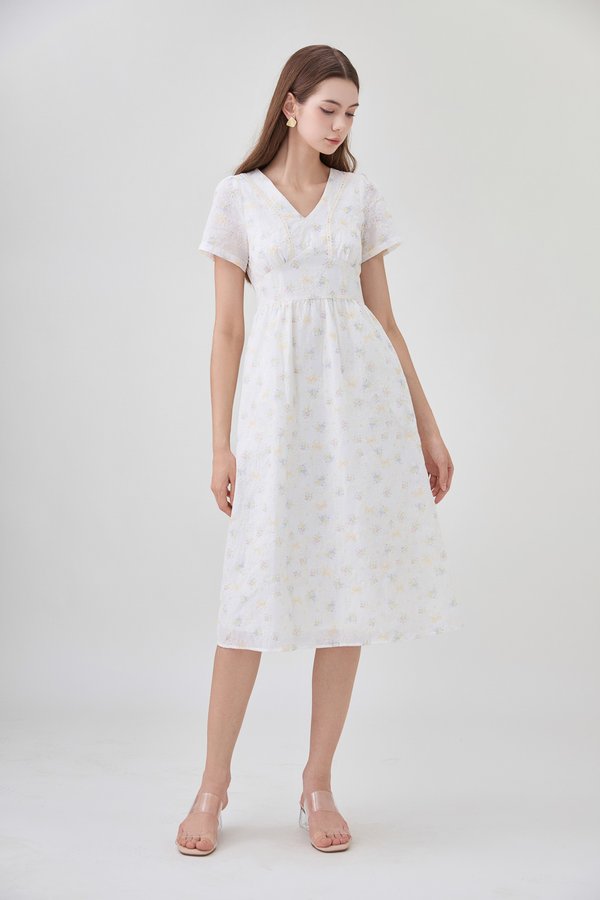 Elodie Floral Empire Waist Midi Dress In Ribbon Posy Print