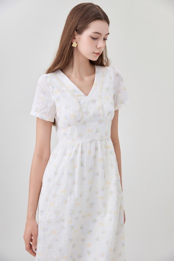Elodie Floral Empire Waist Midi Dress In Ribbon Posy Print