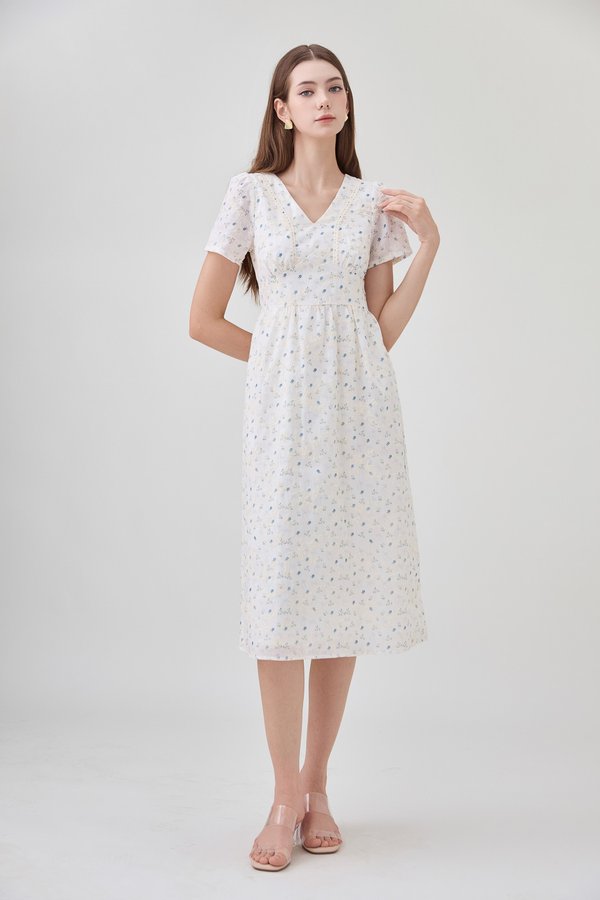 Elodie Floral Empire Waist Midi Dress In Blue Wildflower 