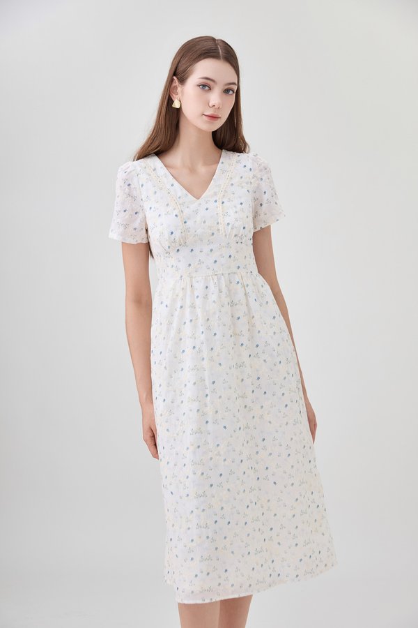 Elodie Floral Empire Waist Midi Dress In Blue Wildflower 