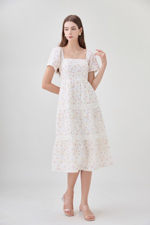 Alexandria Embroidered Tiered Midi Dress In Pink Bloom