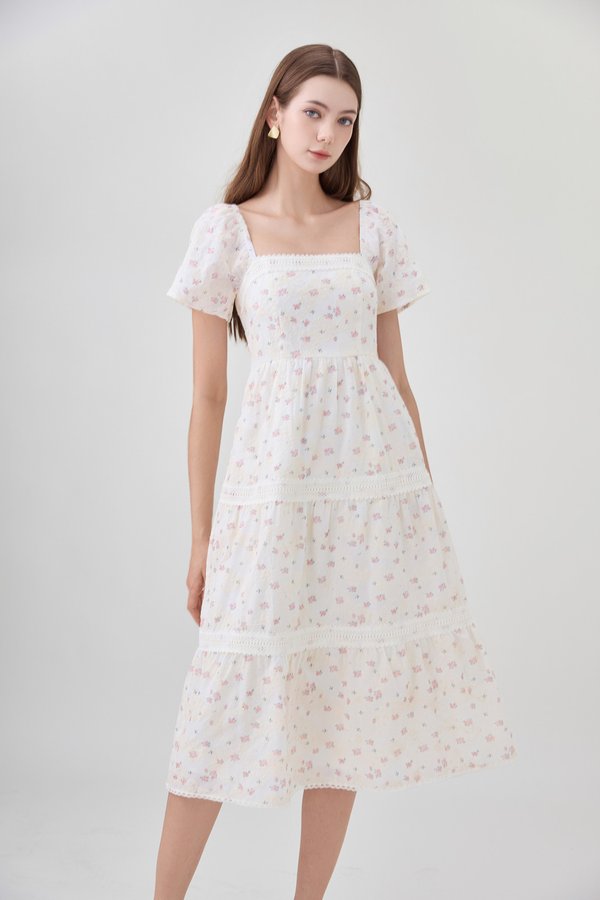Alexandria Embroidered Tiered Midi Dress In Pink Bloom