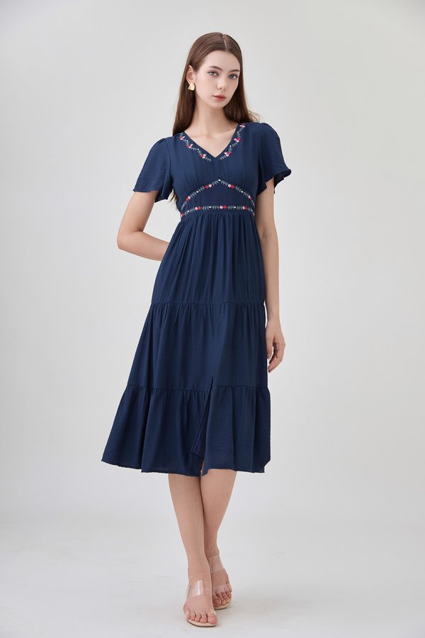Alma Embroidered Tiered Midi Dress In Navy