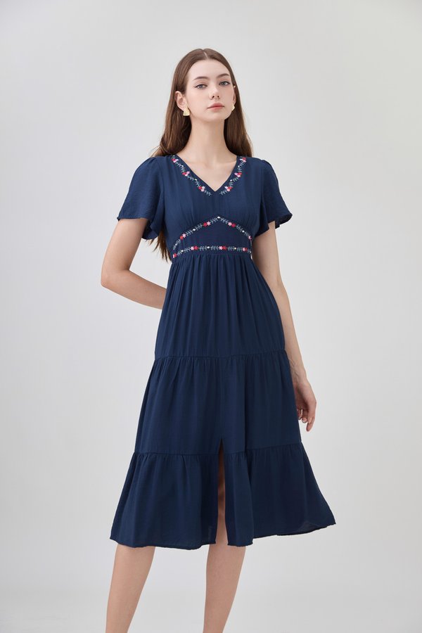 Alma Embroidered Tiered Midi Dress In Navy