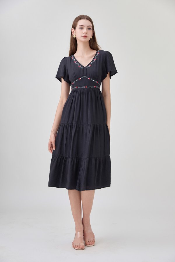 Alma Embroidered Tiered Midi Dress In Black