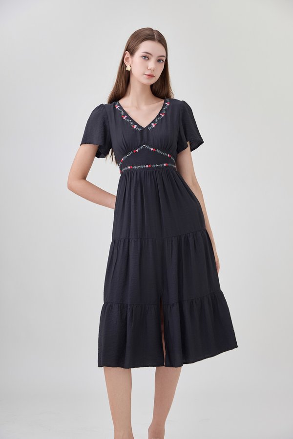 Alma Embroidered Tiered Midi Dress In Black
