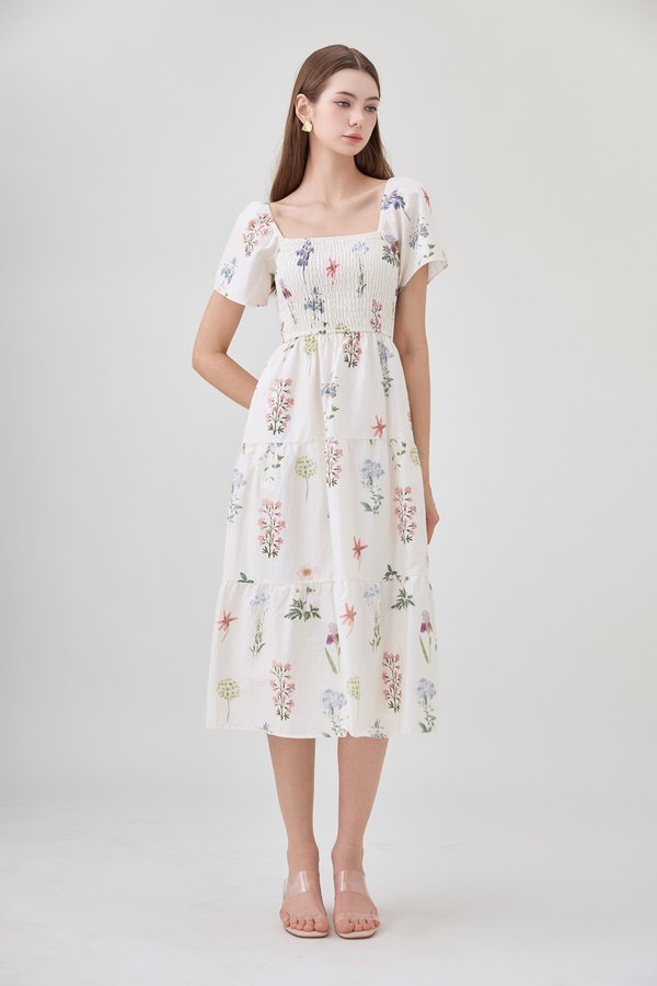 Chaya Botanical Garden Smocked Midi Dress In Light Cream
