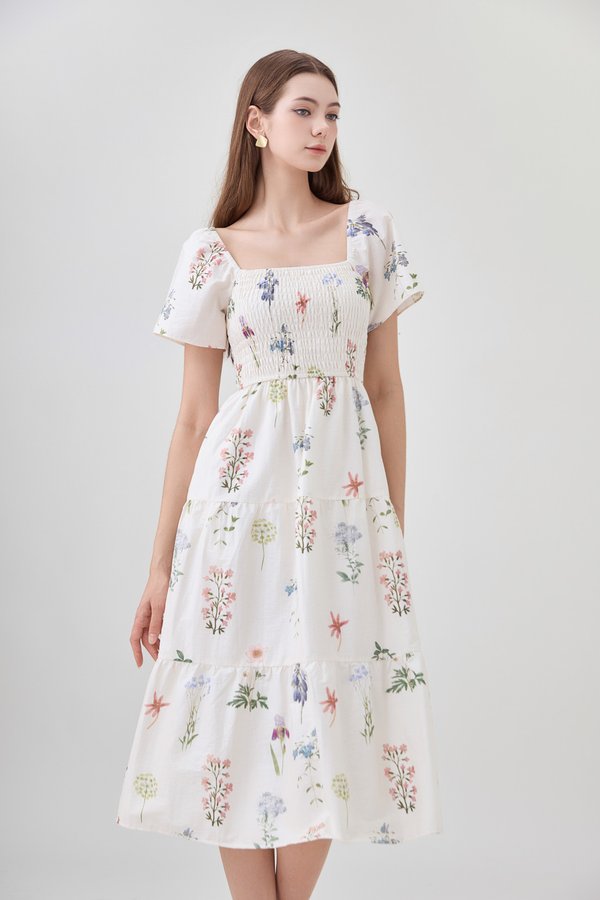 Chaya Botanical Garden Smocked Midi Dress In Light Cream