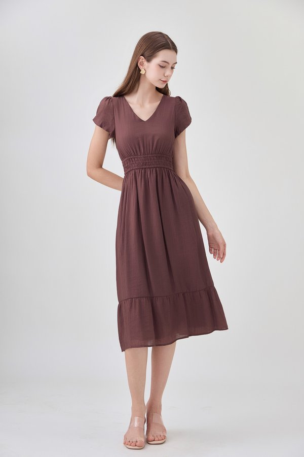 Rhea Textured Smocked Waist Midi Dress In Brown