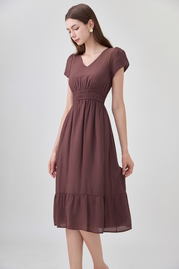 Rhea Textured Smocked Waist Midi Dress In Brown