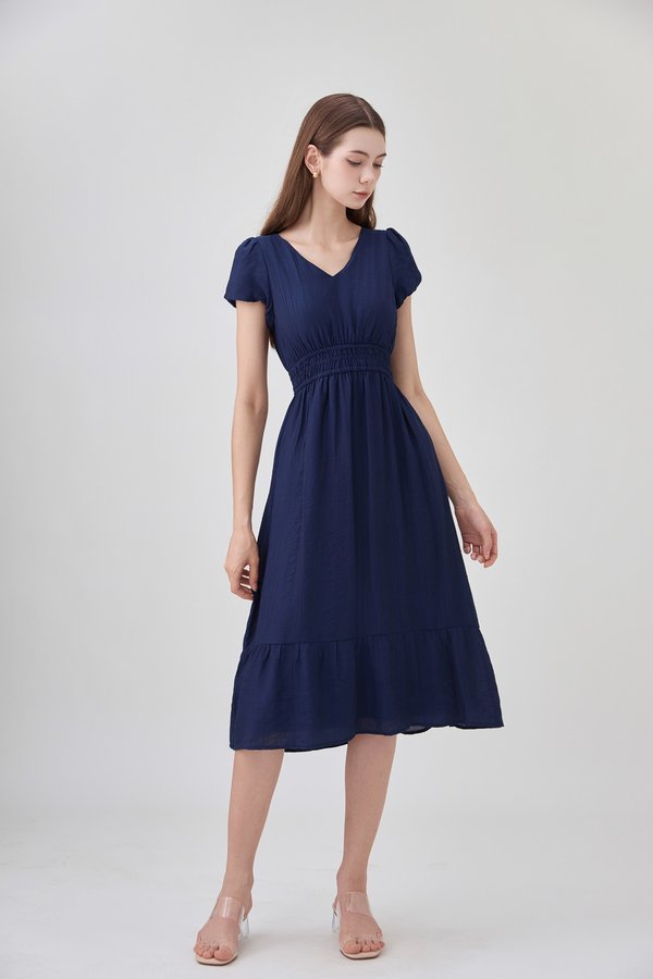 Rhea Textured Smocked Waist Midi Dress In Navy