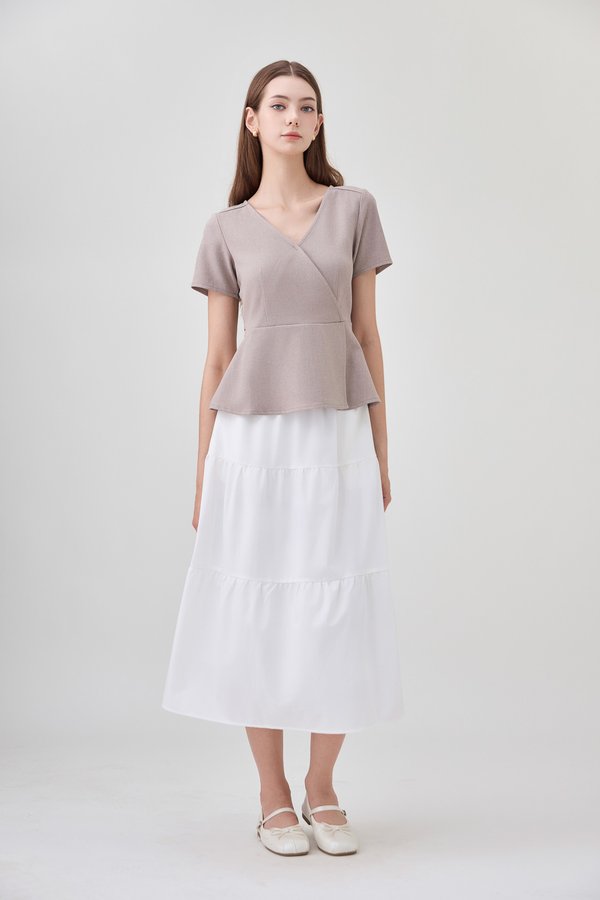 Fae Faux Wrap Peplum Top In Mushroom
