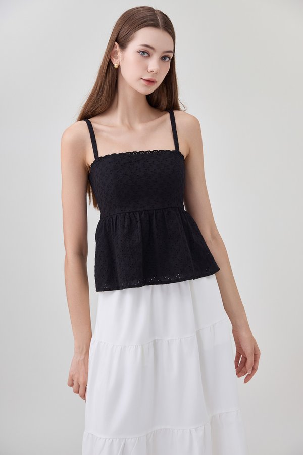 Kyla Eyelet Camisole Babydoll Top In Black