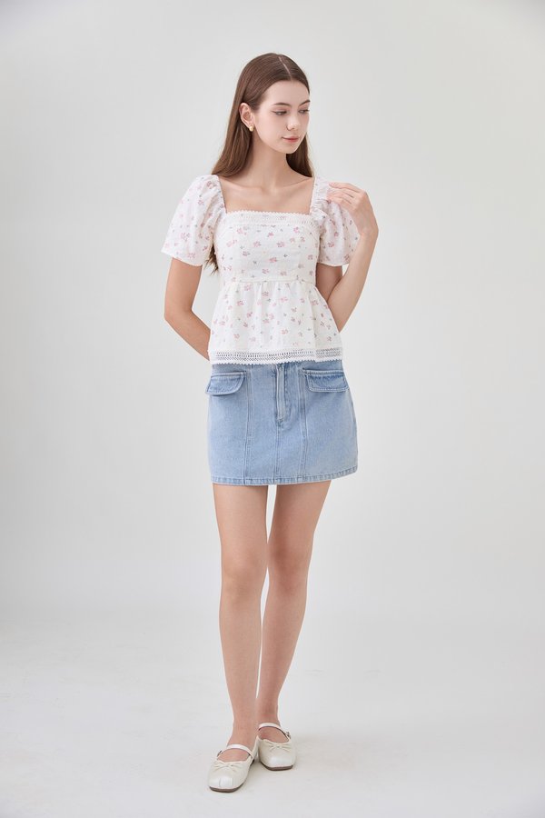 Alexandria Embroidery Crochet Babydoll Top In Pink Bloom