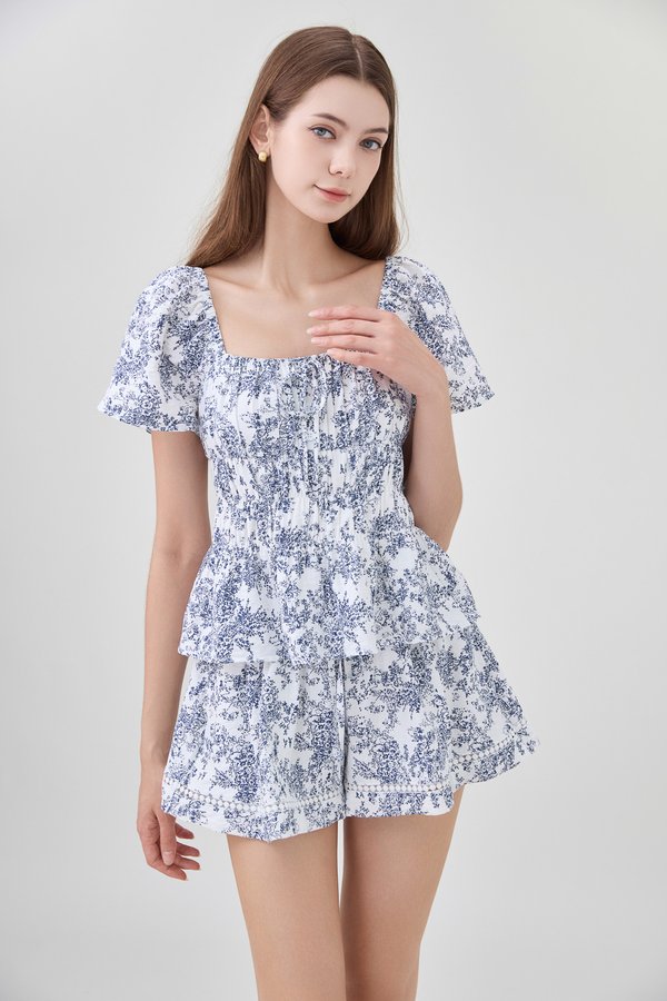 Emelia Toile Smocked Waist Ribbon Top In Navy
