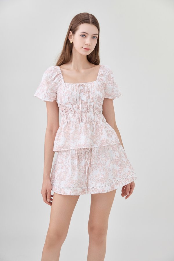 Emelia Toile Smocked Waist Ribbon Top In Pink