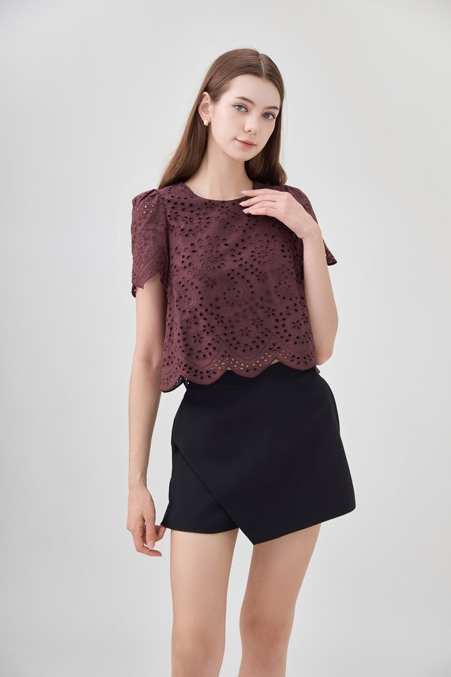 Delilah Eyelet Scallop Top In Brown