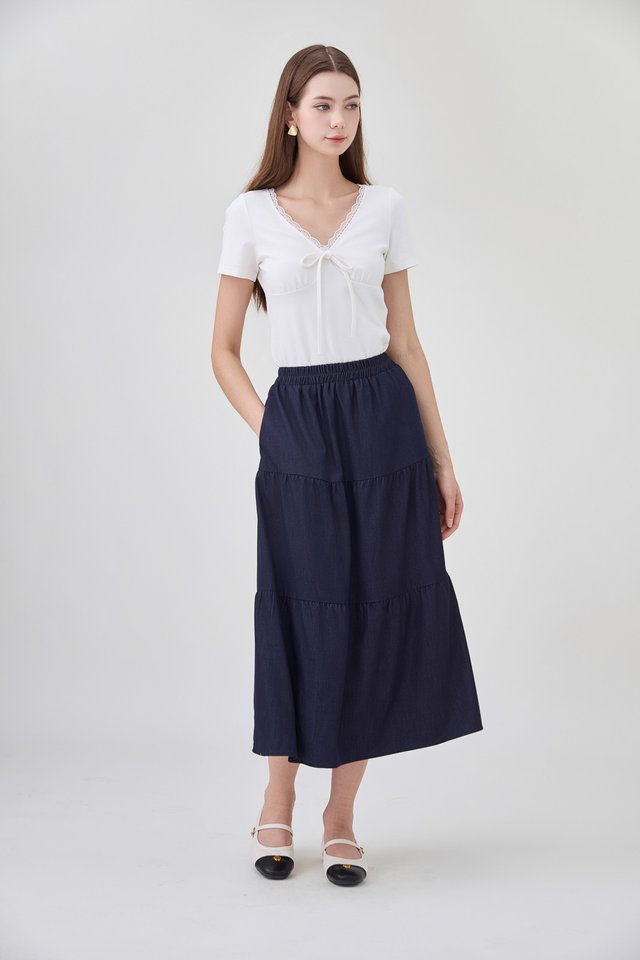 Lyla Elastic Waist Tiered Midi Skirt In Dark Wash