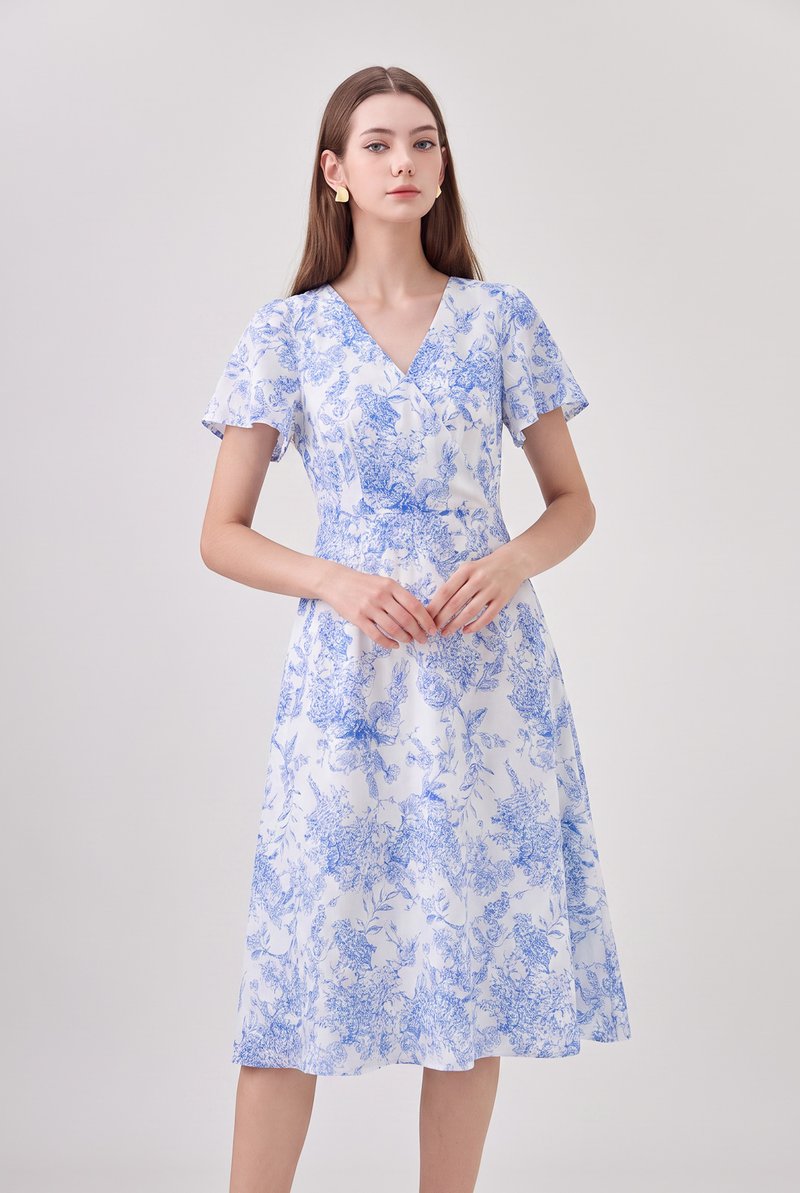Melanie Floral Printed Faux Wrap Midi Dress