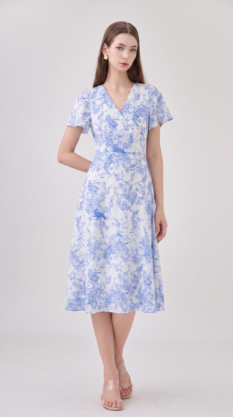 Melanie Floral Printed Faux Wrap Midi Dress