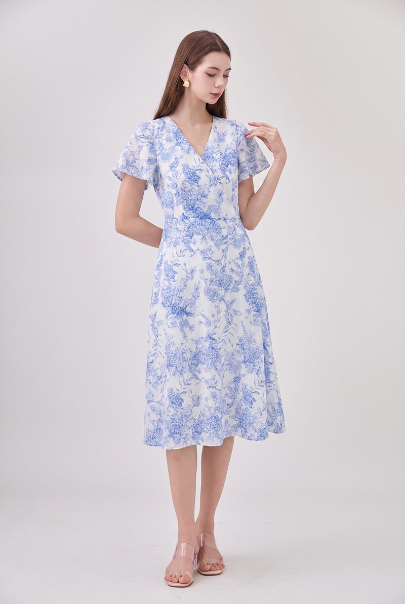 Melanie Floral Printed Faux Wrap Midi Dress