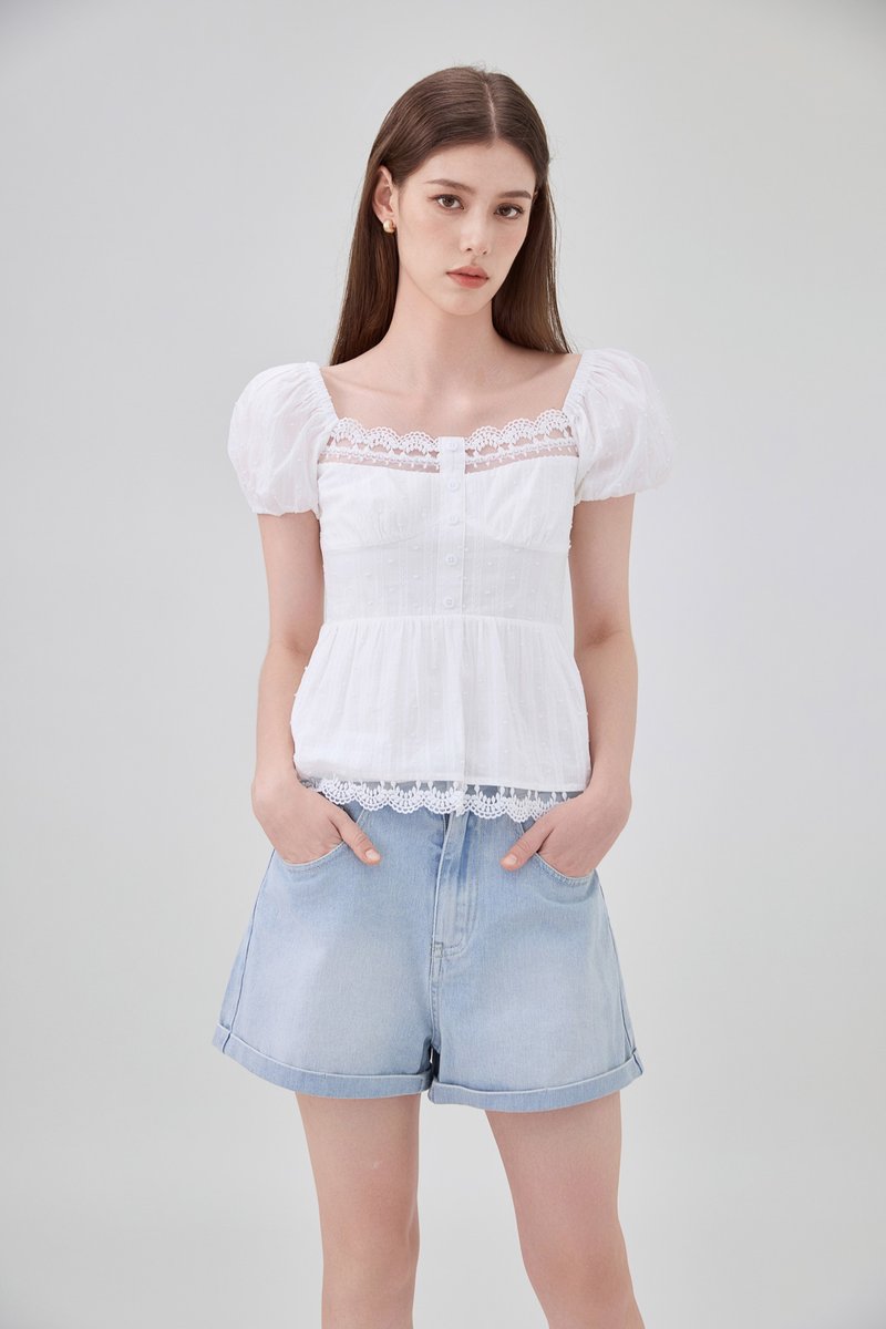 Darla Swiss Dot Crochet Babydoll Top In White