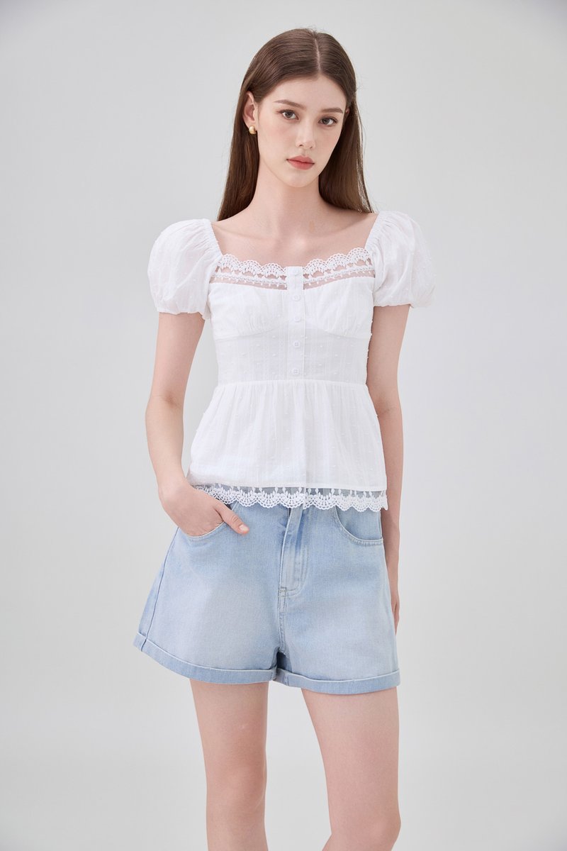 Darla Swiss Dot Crochet Babydoll Top In White