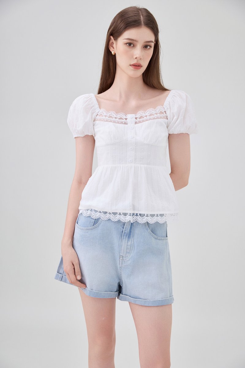 Darla Swiss Dot Crochet Babydoll Top In White