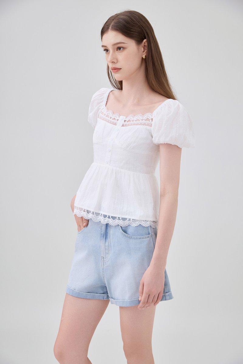 Darla Swiss Dot Crochet Babydoll Top In White