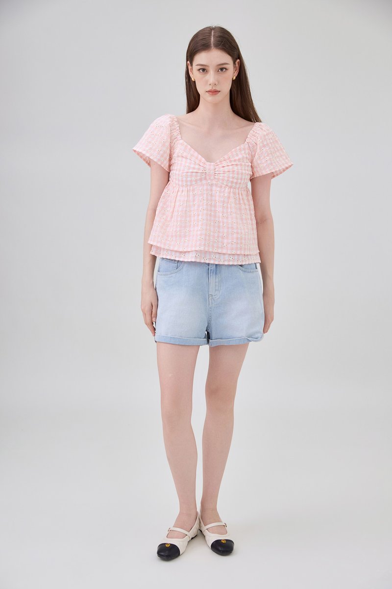 Germaine Eyelet Bow Gingham Top In Pink