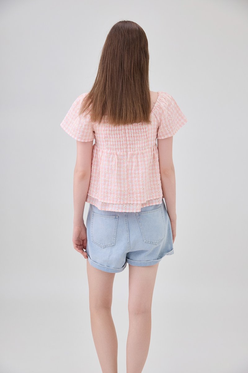 Germaine Eyelet Bow Gingham Top In Pink