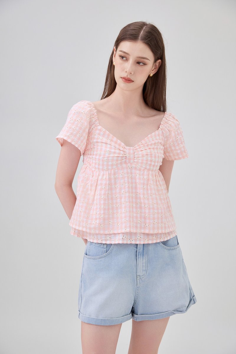 Germaine Eyelet Bow Gingham Top In Pink