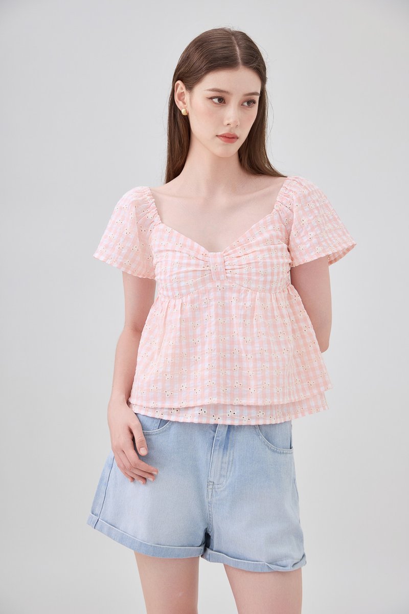 Germaine Eyelet Bow Gingham Top In Pink