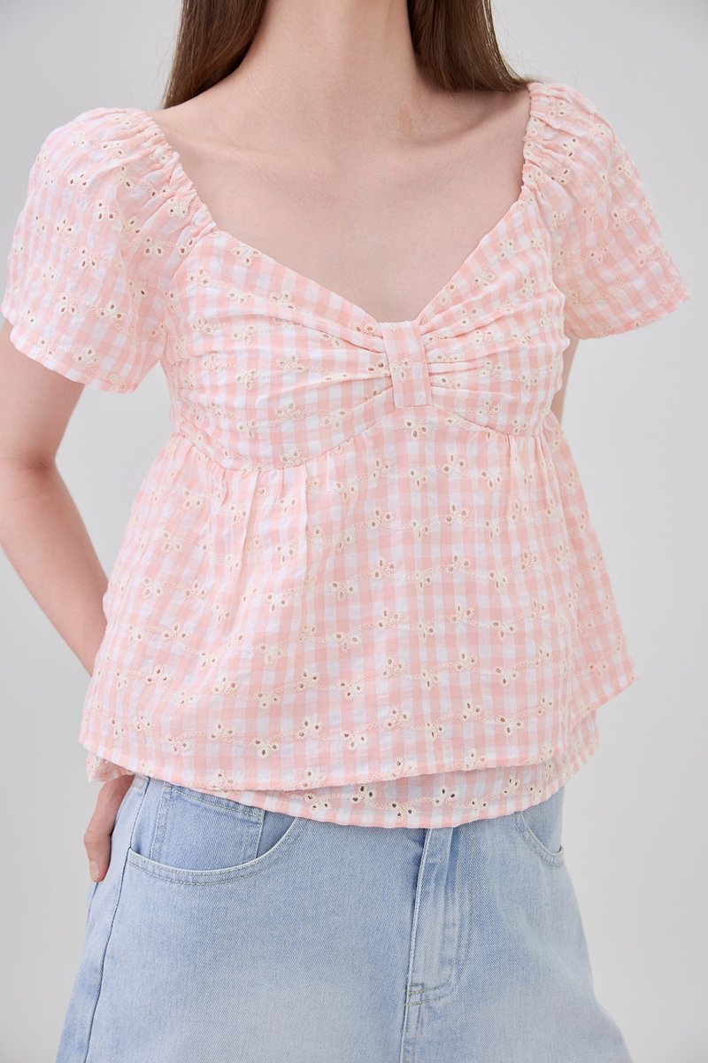Germaine Eyelet Bow Gingham Top In Pink