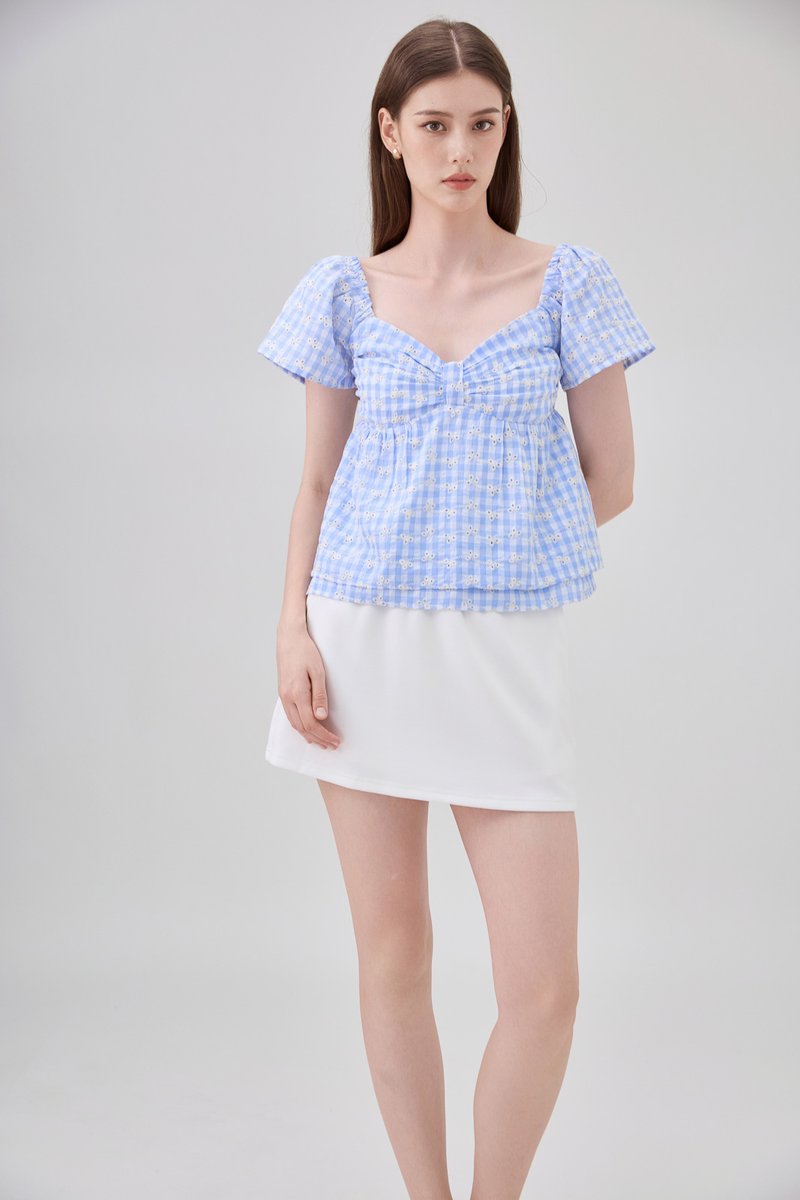 Germaine Eyelet Bow Gingham Top In Blue