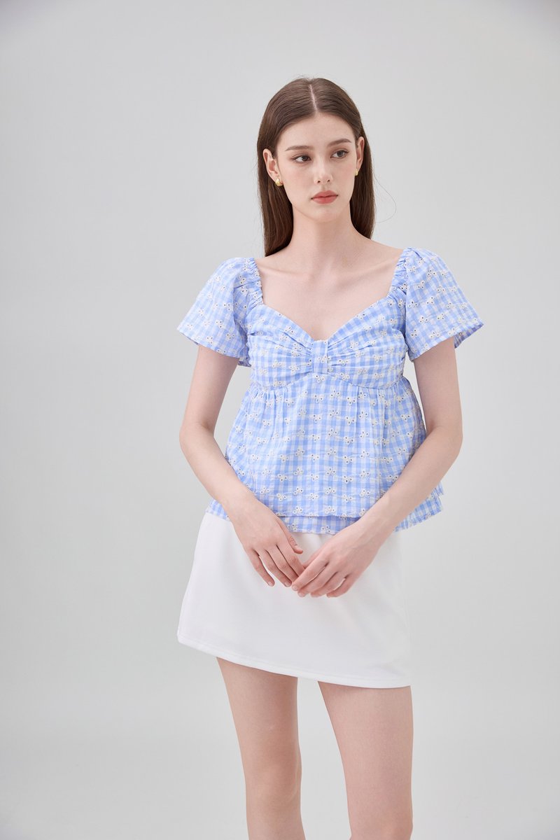 Germaine Eyelet Bow Gingham Top In Blue
