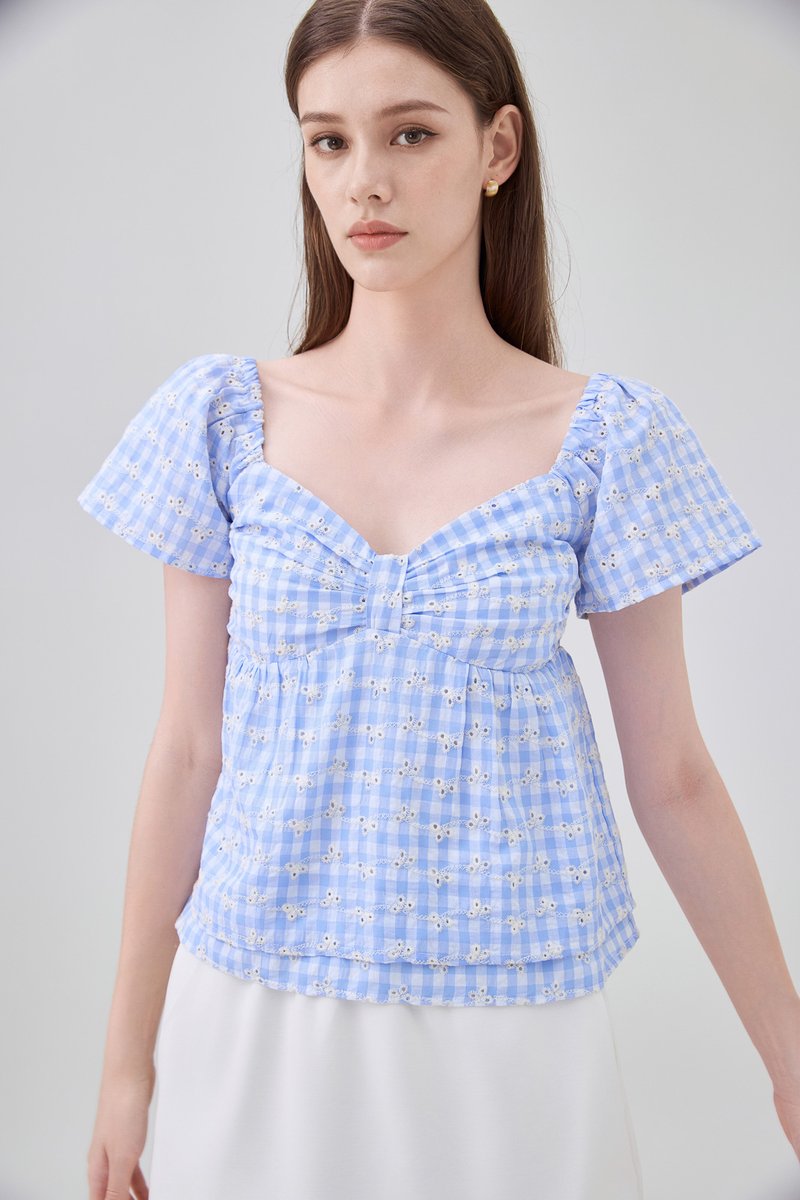 Germaine Eyelet Bow Gingham Top In Blue