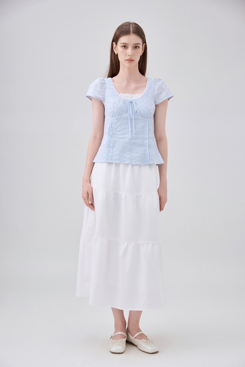 Coletta Eyelet Pintuck Ribbon Top In Blue