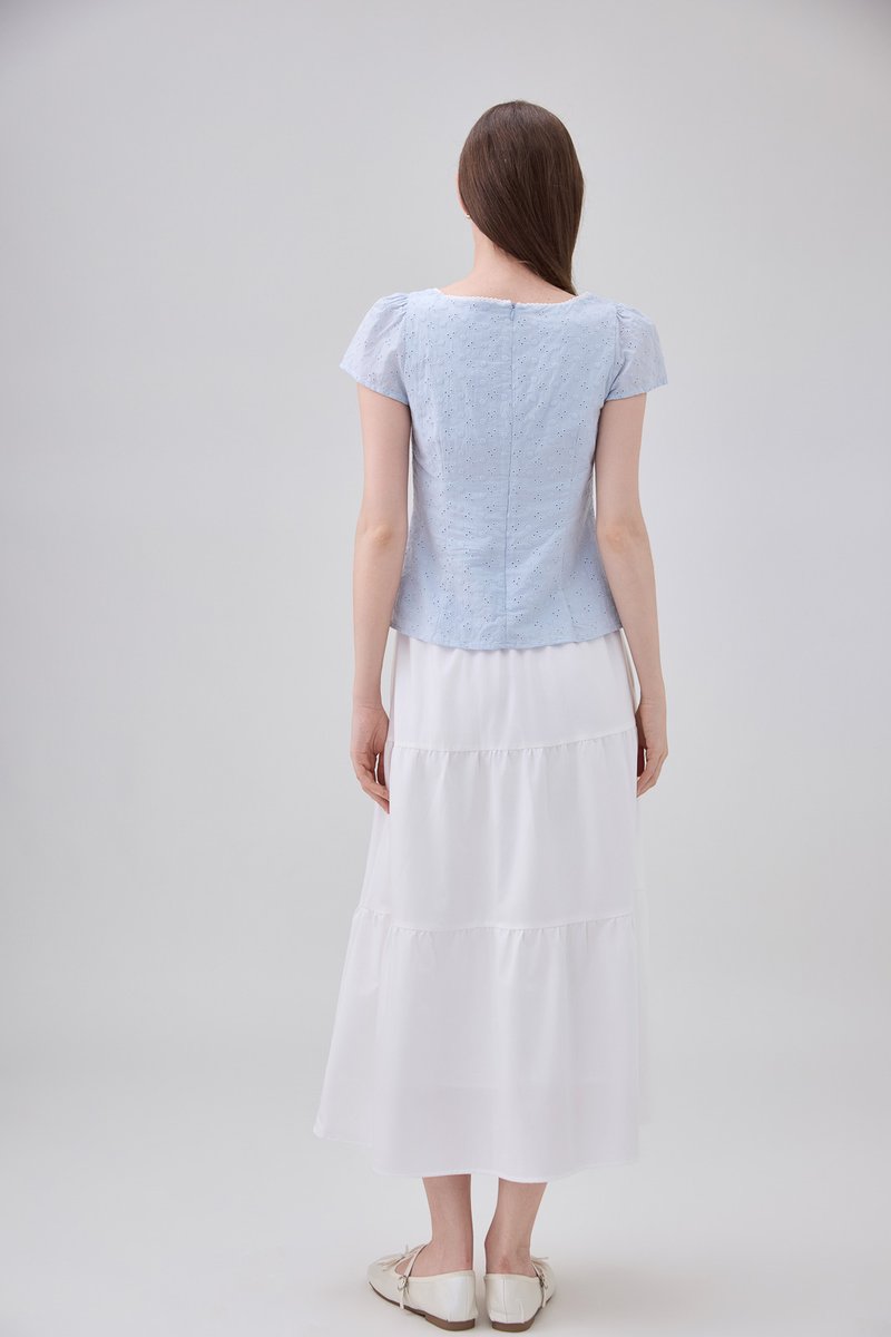 Coletta Eyelet Pintuck Ribbon Top In Blue