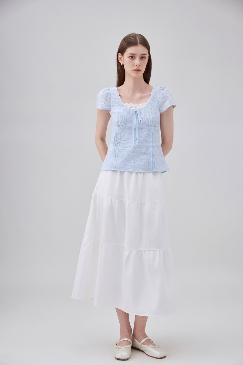 Coletta Eyelet Pintuck Ribbon Top In Blue