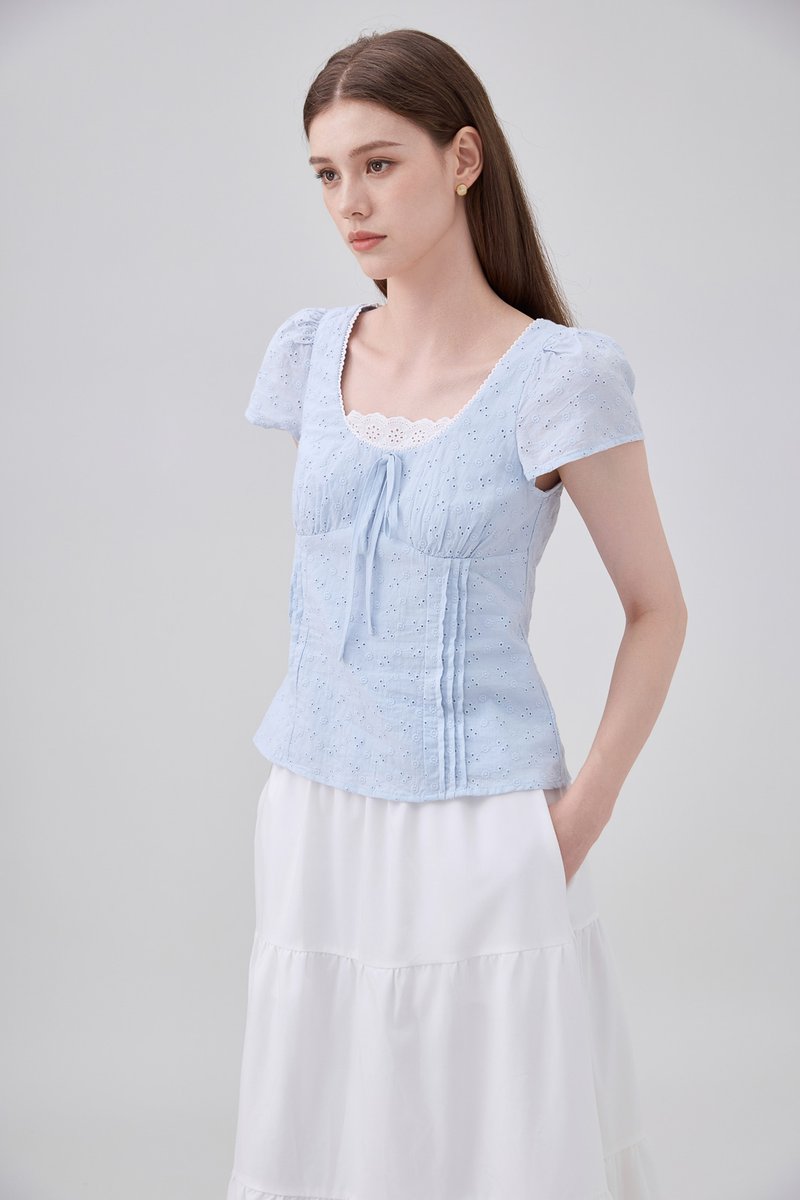 Coletta Eyelet Pintuck Ribbon Top In Blue
