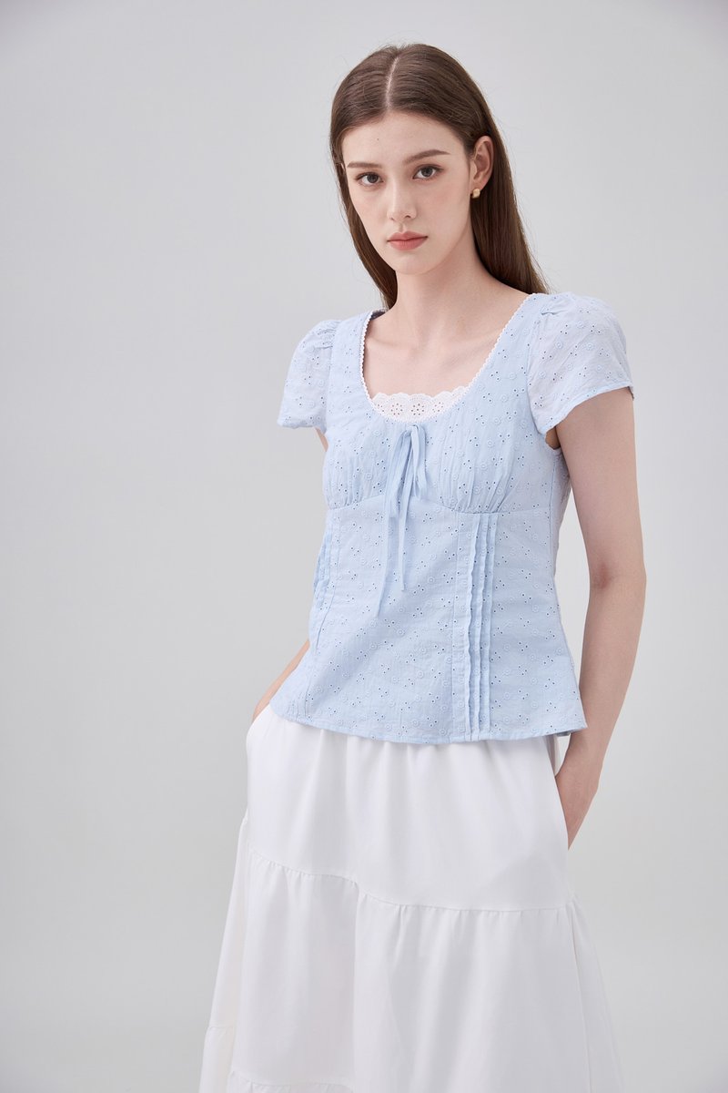 Coletta Eyelet Pintuck Ribbon Top In Blue