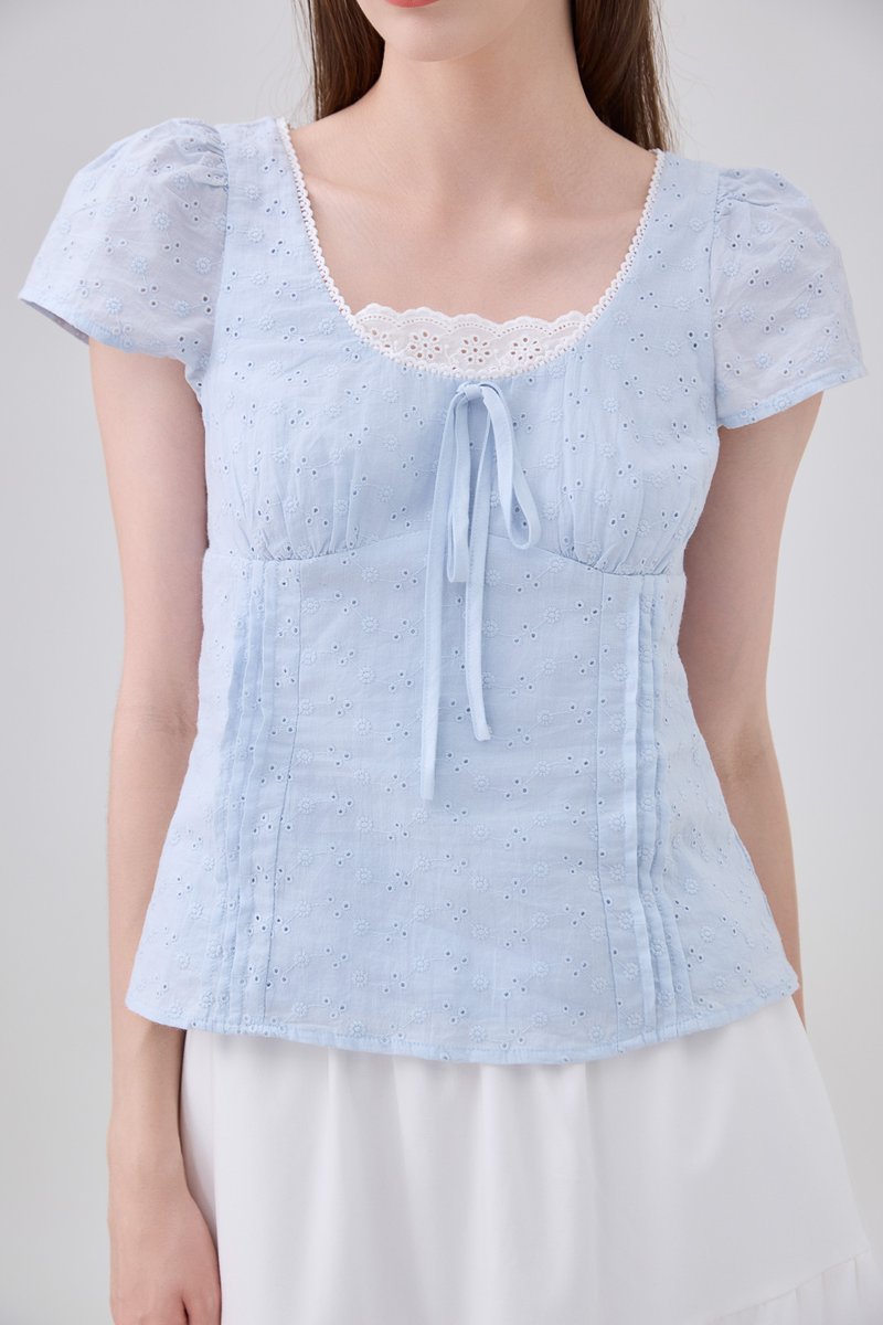 Coletta Eyelet Pintuck Ribbon Top In Blue