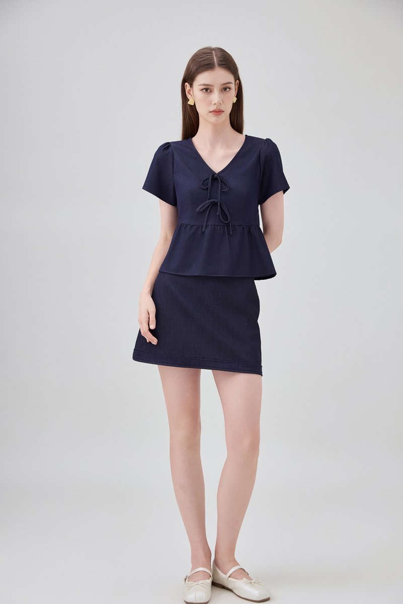 Zaria Double Ribbon Ice Silk Denim Top