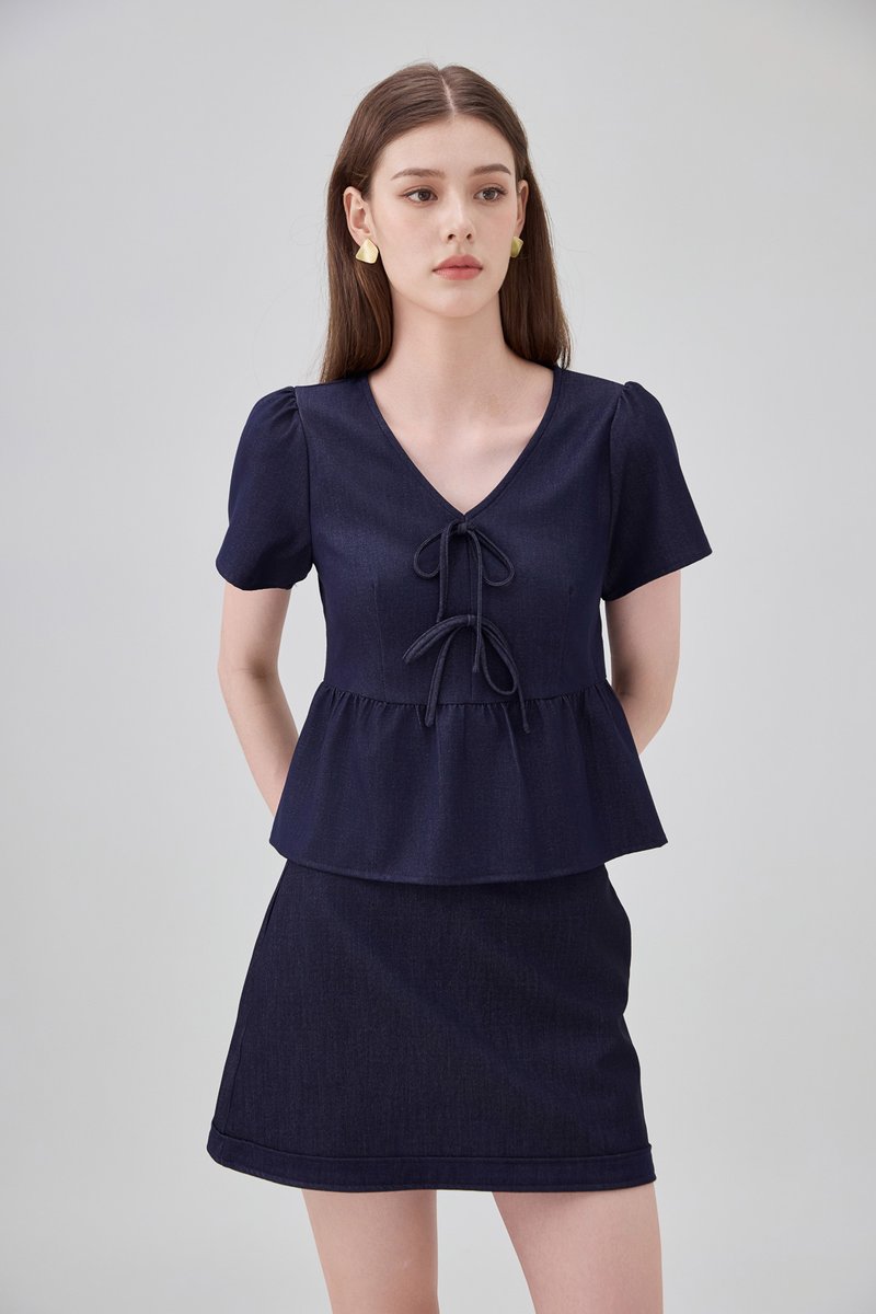 Zaria Double Ribbon Ice Silk Denim Top