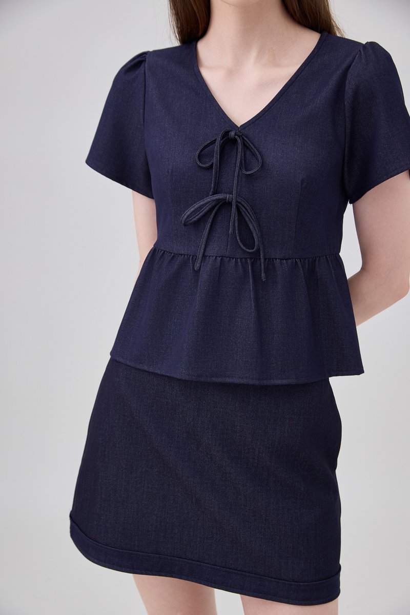 Zaria Double Ribbon Ice Silk Denim Top